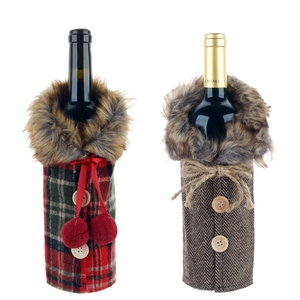 Christmas wine bottle covers with faux fur collars in plaid and herringbone patterns