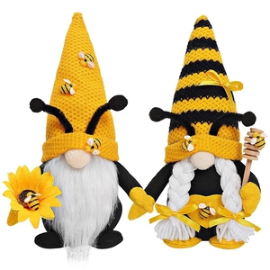 Handmade bee gnome plush set with sunflowers and honey dippers for festive home decor