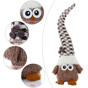 Cute owl plush doll with long plaid hat and coffee bean accents on white background
