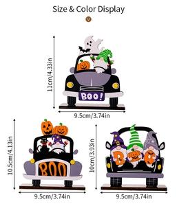 Détails des tailles et couleurs pour ornements de bureau Halloween en bois nain citrouille