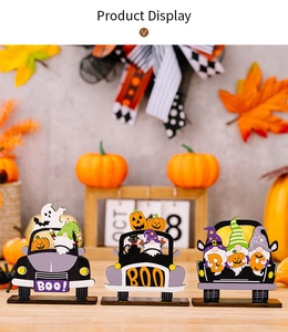 Lot de 3 décorations d'Halloween en bois avec gnomes en camion, citrouilles et fantômes