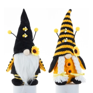 Coppia di gnomi a tema ape in peluche con girasoli e cappelli a maglia su base bianca