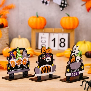 Lot de 3 décorations d'Halloween en bois avec gnome et camion citrouille pour bureau