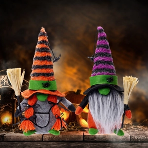 Halloween gnome plush set with striped witch hats and brooms for spooky home decor