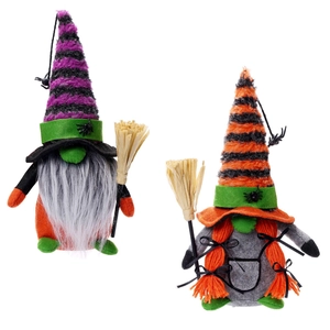 Halloween gnome plush set with striped witch hats and brooms for holiday decoration