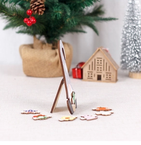 Macro view of DIY interchangeable wooden gnome stand with seasonal decorative holiday icons