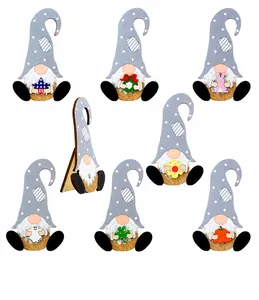 Rear view of 7-piece wooden gnome set showing the stable triangular support stand