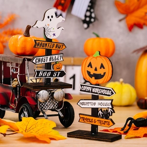 Set de señales de madera de Halloween y camión rojo vintage con calabazas y fantasmas