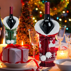 Christmas knitted wine bottle covers with plush collars and reindeer patterns