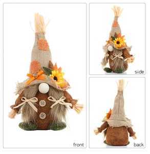 Three-sided view of harvest gnome with sunflower, burlap hat and maple leaf details