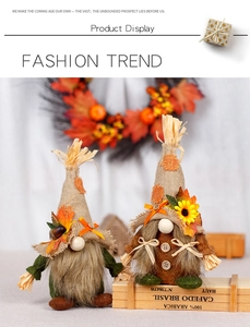 Handcrafted burlap harvest gnomes with sunflowers and maple leaves on a rustic display