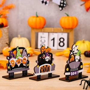 Ensemble de 3 camions d'Halloween en bois avec gnomes, citrouilles et fantômes