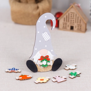 Wooden Gnome Desktop Ornament With Interchangeable Magnetic Pumpkin Ghost Clover Heart Flower Bunny Wreath Holiday Decor