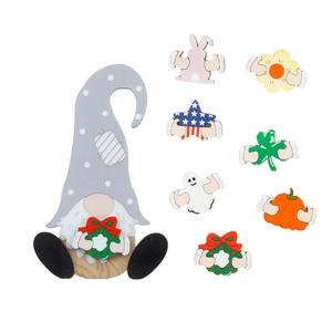 Wooden gnome holiday decor set with 7 interchangeable seasonal signs for home tabletop display