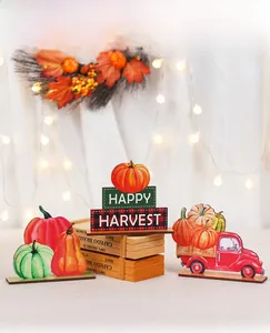 Rustic wood harvest set with pumpkin truck and Happy Harvest sign on autumn background