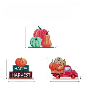 Detailed dimensions of wooden autumn harvest decor including truck and pumpkin signs
