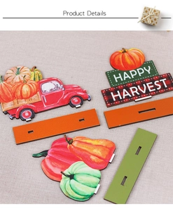 Flat lay detail of wooden autumn harvest table decor with red truck and pumpkin pieces