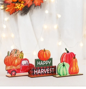 Three-piece wooden harvest decor set with red truck and pumpkin signs on white background