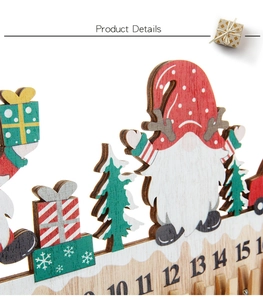 Close-up of wooden Christmas gnome calendar showing painted numbers and holiday details