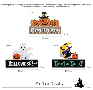 Λεπτομέρεια από ξύλινα διακοσμητικά Halloween με εορταστικά συνθήματα και διαστάσεις