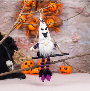 Halloween gnome hanging decor with a ghost hat, witch broom, and long white beard