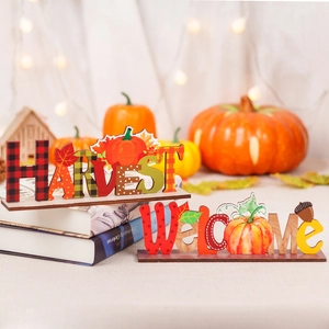 Thanksgiving Wooden Tabletop Sign Harvest Welcome Pumpkin Maple Leaf Pattern Autumn Seasonal Festival Home Desktop Decor Ornament