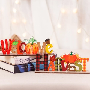 Harvest Festival wooden table signs with pumpkins and maple leaves on a cozy background