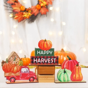 Harvest Festival wooden tiered tray decor set with red truck and pumpkin signs