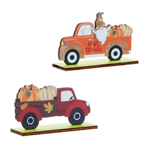 Set de dos camiones de madera de Acción de Gracias con gnomos calabazas y decoro otoñal
