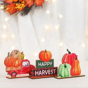 Harvest Festival wooden tiered tray decor set with red truck and pumpkin ornaments
