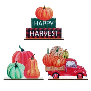 Three-piece Harvest Festival wooden table decor set with truck and pumpkin designs
