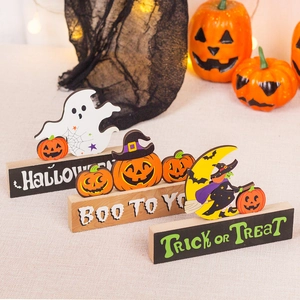 Σετ 3 ξύλινα επιτραπέζια διακοσμητικά Halloween με φάντασμα, κολοκύθα και μάγισσα