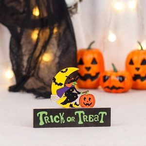 Ξύλινη διακόσμηση Halloween με μάγισσα, φεγγάρι και ταμπέλα Trick or Treat