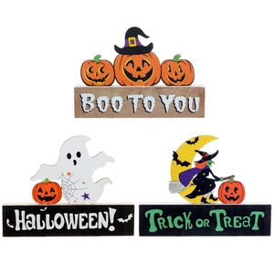 Τρία ξύλινα επιτραπέζια διακοσμητικά Halloween με κολοκύθα, φάντασμα και μάγισσα
