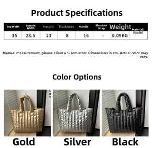 Size chart showing dimensions for large capacity tote bag in gold, silver, and black