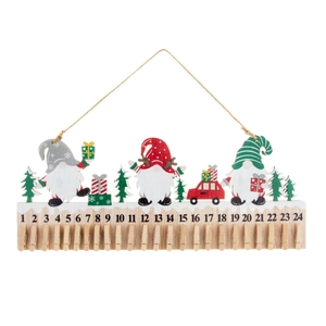 Wooden Christmas countdown calendar with three gnomes and twenty-four small clips