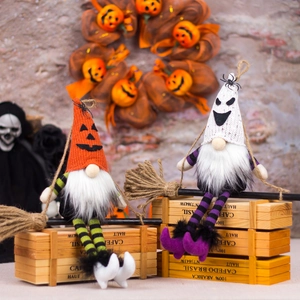 Halloween faceless gnomes with pumpkin and ghost hats sitting on rustic broomsticks