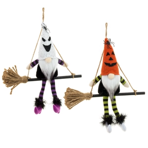 Pair of Halloween faceless gnomes with ghost and pumpkin hats and wooden brooms