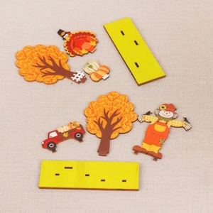 Lot de figurines d'automne en bois avec dinde, épouvantail et citrouilles décoratives