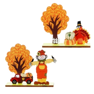 Décoration de table en bois pour Thanksgiving avec dinde, citrouille et épouvantail
