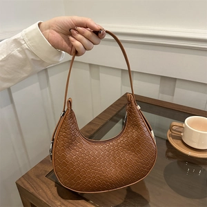 Women PU Leather Underarm Bag Half Moon Woven Crocodile Texture Minimalist Shoulder Bag Handbag Daily Fashion Style