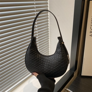 Minimalist black woven hobo shoulder bag for women with a classic moon shape design