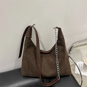 Dark brown suede hobo shoulder bag with silver metal chain and leather strap