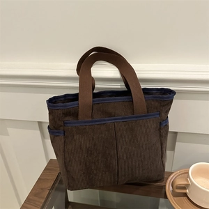 Brown corduroy tote bag for women featuring large capacity and retro casual style