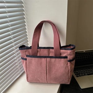 Women Corduroy Large Capacity Tote Bag Casual Solid Color Striped Shoulder Bag Commuting Top Handle Bag For Daily Life