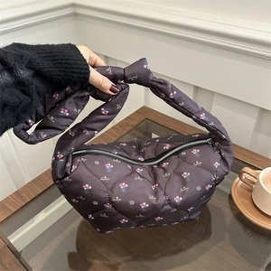 Deep brown quilted floral dumpling bag with knot handle and pink Beautiful print