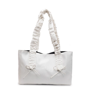 Chic white nylon tote bag with ruffled cloud handles and bow details for women