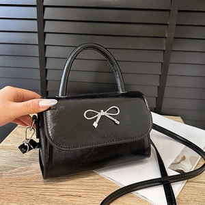 Bowknot Small Square Bag Shiny PU Leather Crossbody Bag Mini Handbag Elegant Metal Decoration Shoulder Bag For Women Party Daily Fashion