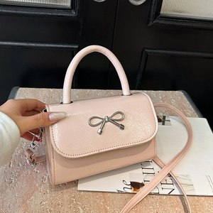 Women's Fashion Bow Small Square Bag Glossy PU Leather Metallic Bow Handbag Versatile Shoulder Crossbody Purse Daily Bag