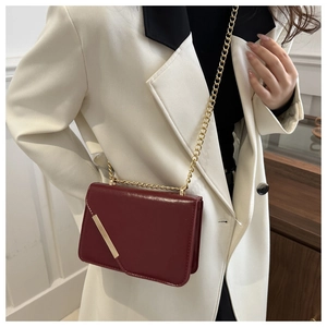 Detail of burgundy chain crossbody bag with gold metal trim worn over a white suit